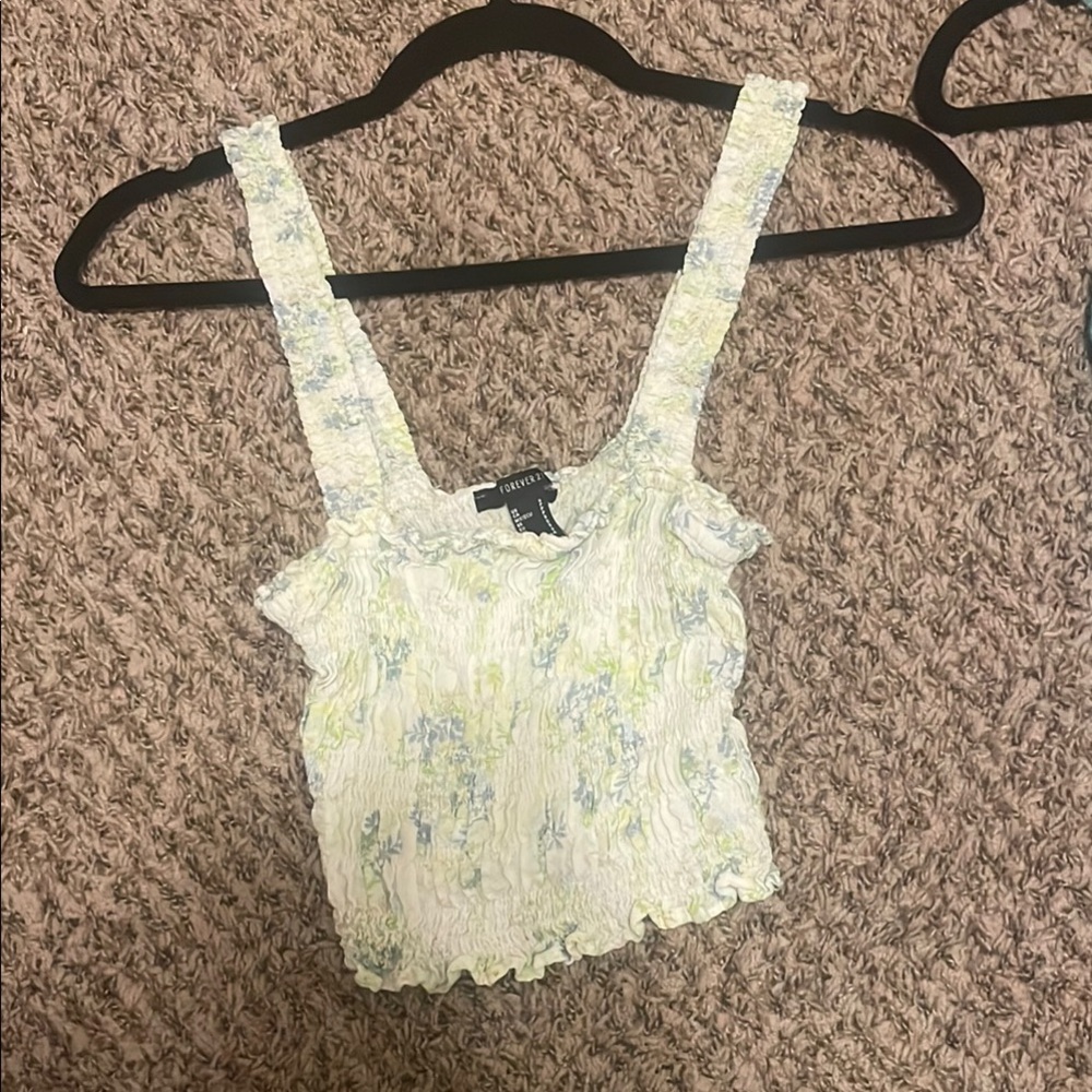 Forever 21 Cream Smocked Ruffled Crop Tank Top